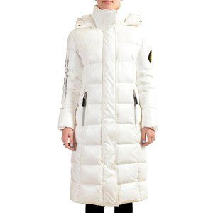 Plein Sport Women's White Hooded Logo Print Zip Up Long Parka Jacket